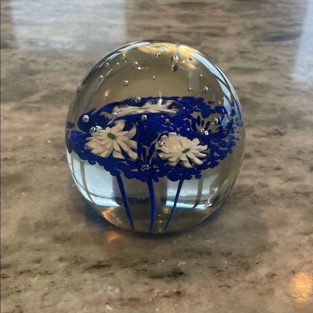 Murano Blue and White Floral Glass Paper Weight